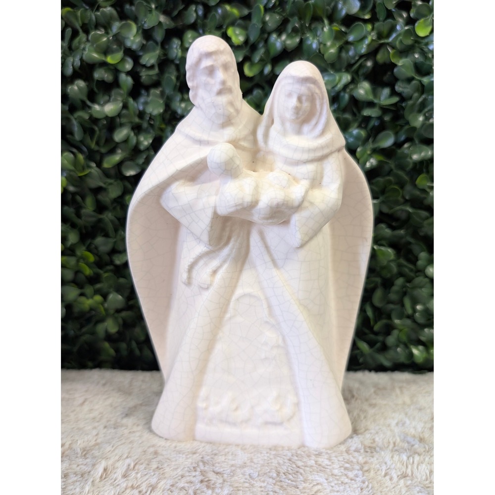 Holy Family Nativity Figurine Cream Ceramic Crackle Glaze Religious Statue